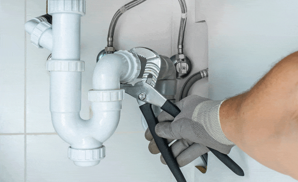 man using wrench to tighten pipes under sink plumber myrtle beach sc conway sc 