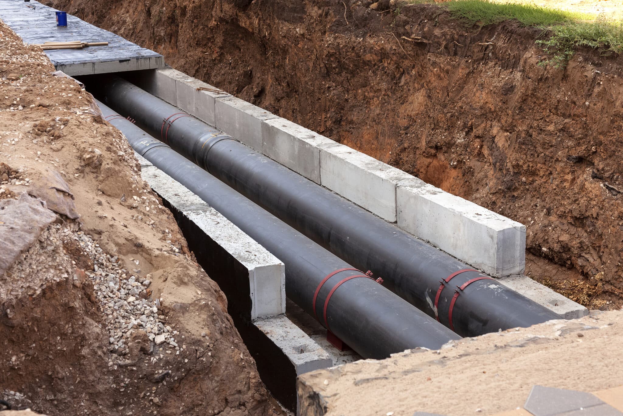 Insulated pipes were laid in a trench during the main water line leak repair.